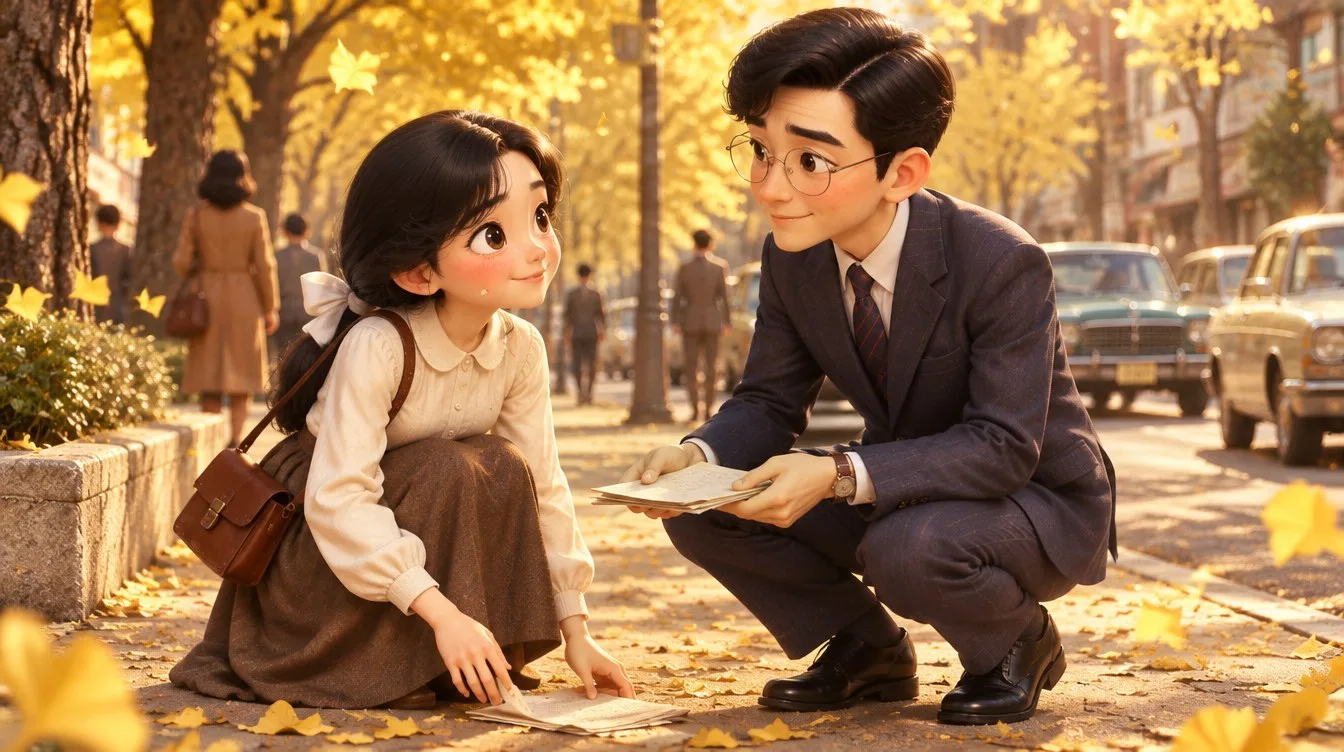낙엽 길에서 처음 만난 두 사람
